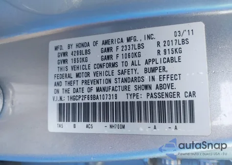 2011 Honda Accord 2.4 Se from USA, damaged, VIN 1HGCP2F69BA107319